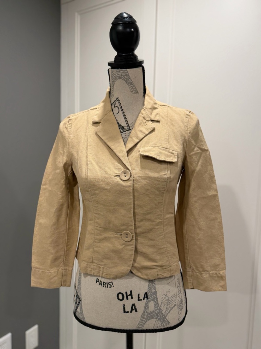 Y2K GAP Linen Blend Tan Cropped Tailored Blazer with 3/4 Sleeves